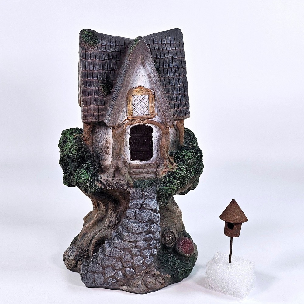 Fairy Garden Cottage Resin Treehouse Figurine with Miniature Birdhouse Stake